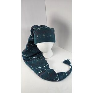 Vintage Knit Tassel Scarf Hat Combo Teal Fair Isle Winter‎ Ski Hood Cap 40"